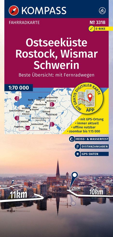 "Ostseeküste Rostock, Wismar, Schwerin. Mit Fernradwegen. Karte 1:70 000; E-Bike geeignet. Stadtansicht am Wasser."