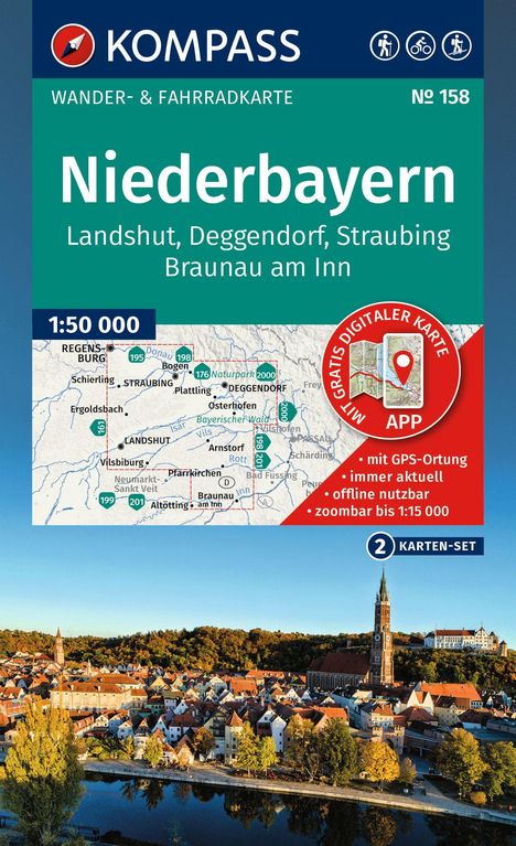Kompass Wander- & Fahrradkarte Niederbayern. Landshut, Deggendorf. Nummer 158. Foto: Stadt mit Fluss, Kirche, Bäume im Herbst.
