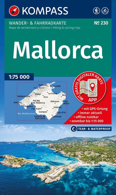 „KOMPASS WANDER- & FAHRRADKARTE. Mallorca 1:75 000. Gratis digitale Karte. Tear- & Waterproof.“ Küste und Meer.
