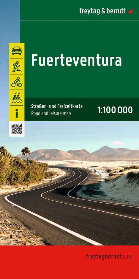"Fuerteventura. Straßen- und Freizeitkarte 1:100 000. freytag & berndt." Wüstenstraße mit Bergen im Hintergrund.
