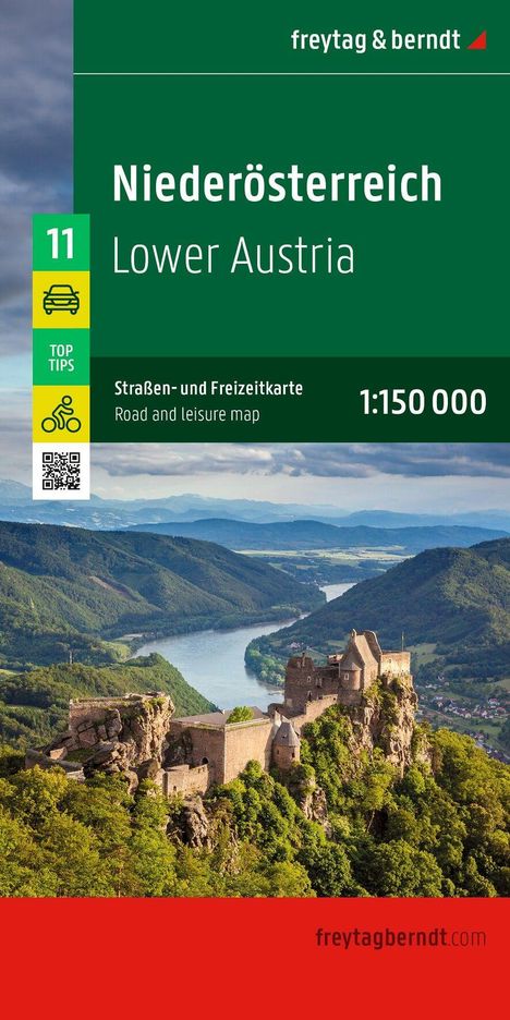 "Niederösterreich, Lower Austria, Straßen- und Freizeitkarte 1:150 000." Eine Landschaft mit Fluss und Burg.