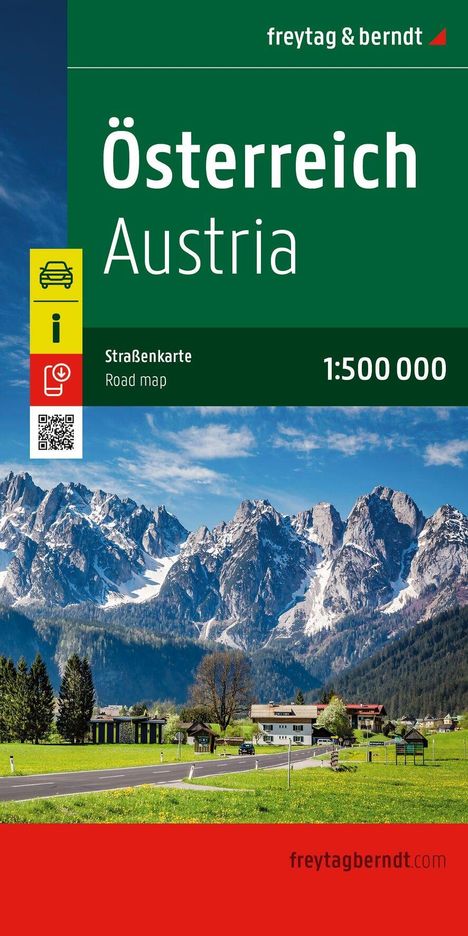 "Österreich Austria, Straßenkarte Road map 1:500 000." Grüne Landschaft mit Bergen, Häusern und einer Straße.
