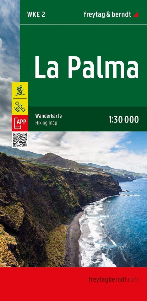 Text: "WKE 2, La Palma, Wanderkarte, Hiking map, 1:30 000." Oben eine Klippe mit schwarzem Sandstrand und blauen Wellen.