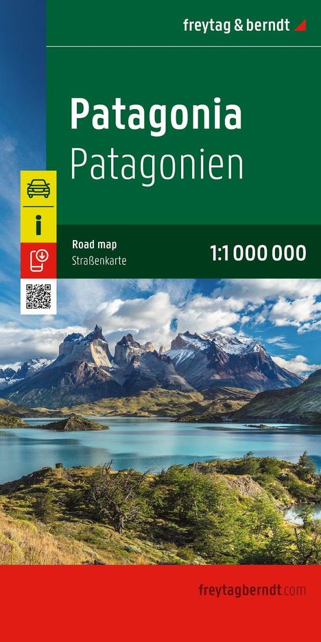 Patagonia Patagonien, Road map Straßenkarte 1:1 000 000. Illustration einer Landschaft mit Bergen und See.