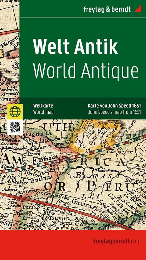 Text: "Welt Antik", "World Antique", "Weltkarte", "Karte von John Speed 1651". Illustration einer alten Weltkarte.