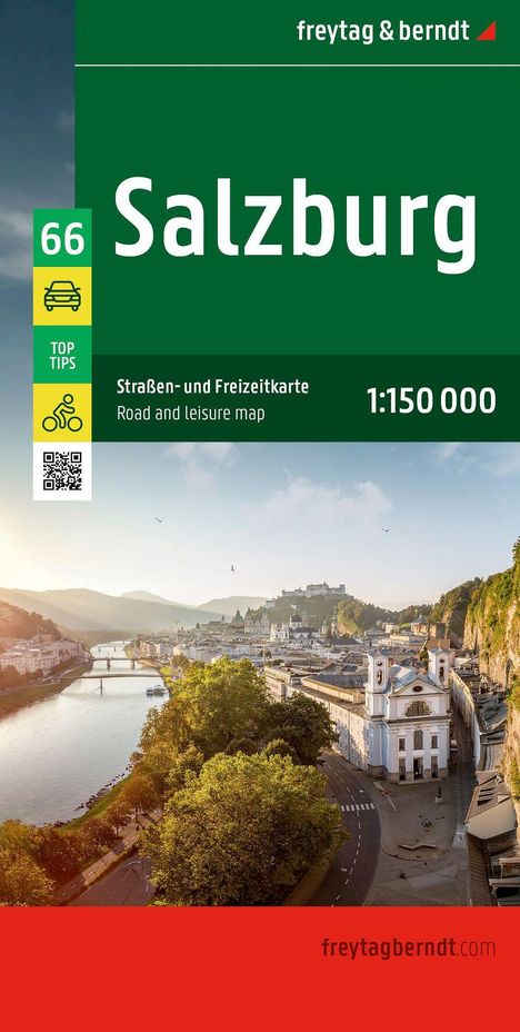 „Salzburg, Straßen- und Freizeitkarte, 1:150 000“. Oben ein grüner Bereich mit Texten, unten ein Stadtpanorama.