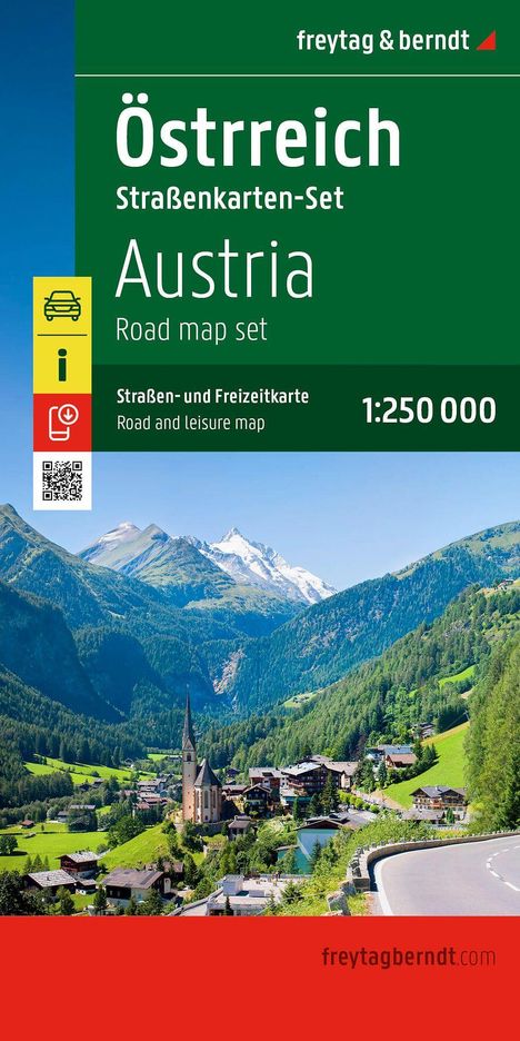 „Österreich Straßenkarten-Set. Austria Road map set 1:250 000.“ Dorf in den Alpen mit einer Kirche und grünen Hügeln.