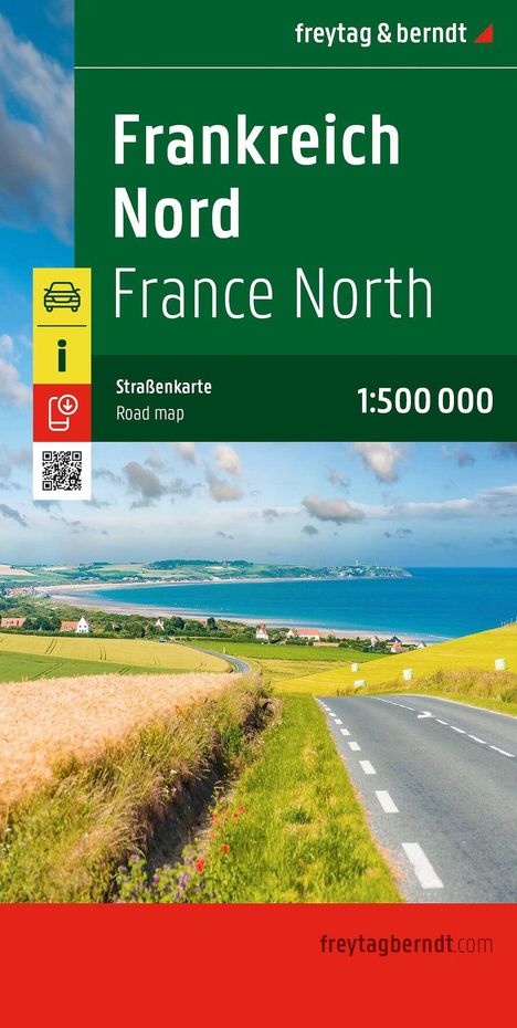 „Frankreich Nord. Straßenkarte. 1:500 000.“ Landschaft mit Küste, Feldern, Straße, blauem Himmel und Wolken.