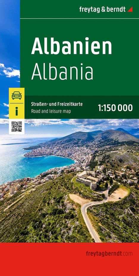 Albanien Karte 1:150 000, Straßen- und Freizeitkarte. Luftaufnahme von Küste, Meer, Stadt und Hügeln.