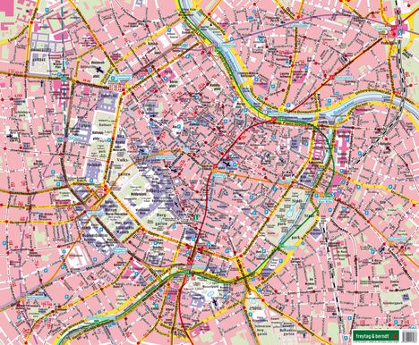 Ein detaillierter Stadtplan zeigt Straßennamen, Plätze, U-Bahnlinien und Parks. U-Bahnlinien sind farblich hervorgehoben.