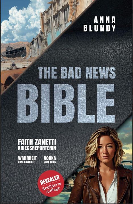 „The Bad News Bible“ von Anna Blundy. Illustration von zerstörten Gebäuden und einer Frau in Lederjacke.