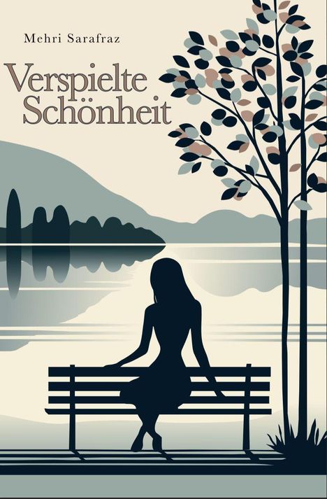 „Verspielte Schönheit“, Mehri Sarafraz. Silhouette einer sitzenden Frau auf einer Bank, ruhiger See, Baum, Berge.
