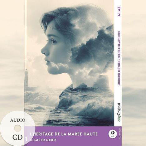 Buchtitel: „L'Héritage de la Marée Haute“. Profil einer Frau, Meer und Leuchtturm darin verwoben.