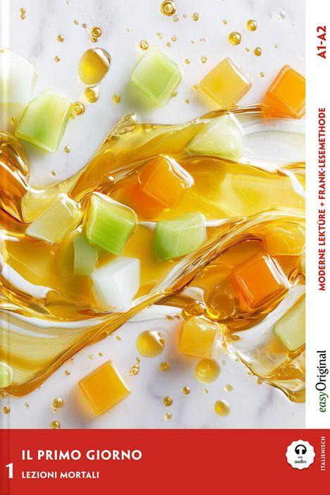 A1-A2, MODERNE LEKTÜRE + FRANK-LESEMETHODE. Farbige Würfel und Flüssigkeit auf marmorartigem Hintergrund.