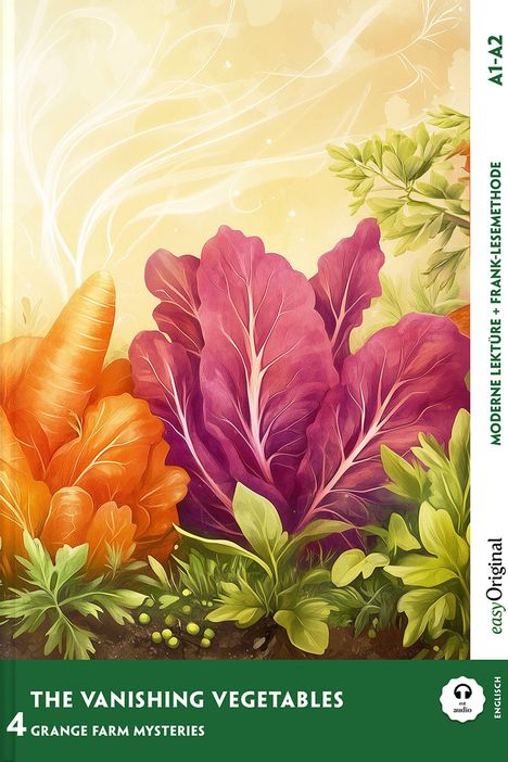 Titel: "The Vanishing Vegetables". Illustration von Gemüse auf einem Feld mit lebhaften Farben und natürlichen Details.