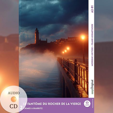 "Le fantôme du rocher de la vierge 2: Crimes à Biarritz" steht unten. Ein Leuchtturm leuchtet über einer nebligen Küste.