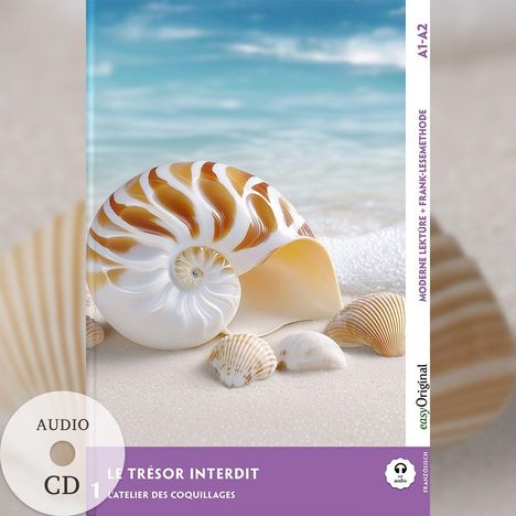 A1-A2, Moderne Lektüre, Audio CD. Große Muschel am Strand mit kleinen Muscheln im Sand und Meer im Hintergrund.