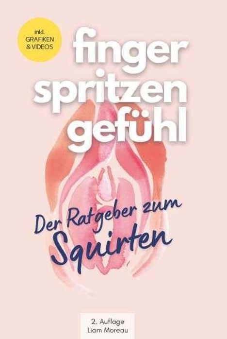 „Fingerspitzengefühl: Der Ratgeber zum Squirten.“ Illustration einer stilisierten Vulva im Hintergrund.