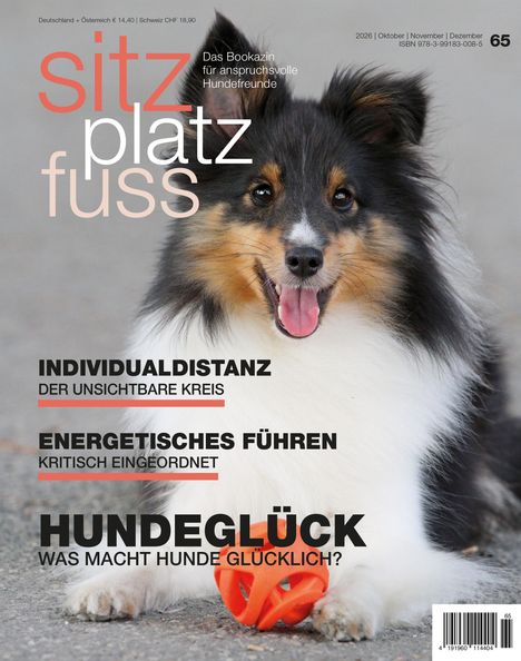 Texte: "sitz platz fuss", "Das Bookazin für anspruchsvolle Hundefreunde", "HUNDEGLÜCK WAS MACHT HUNDE GLÜCKLICH?" Ein Hund mit einem Spielzeug.