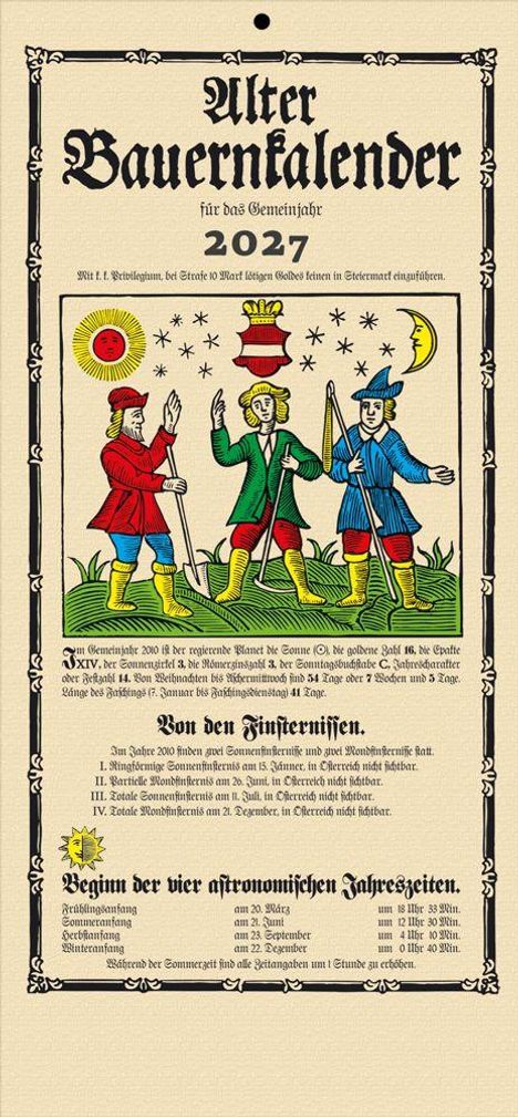 "Alter Bauernkalender 2027" steht oben. Illustration zeigt drei mittelalterlich gekleidete Figuren unter Sonne und Mond.