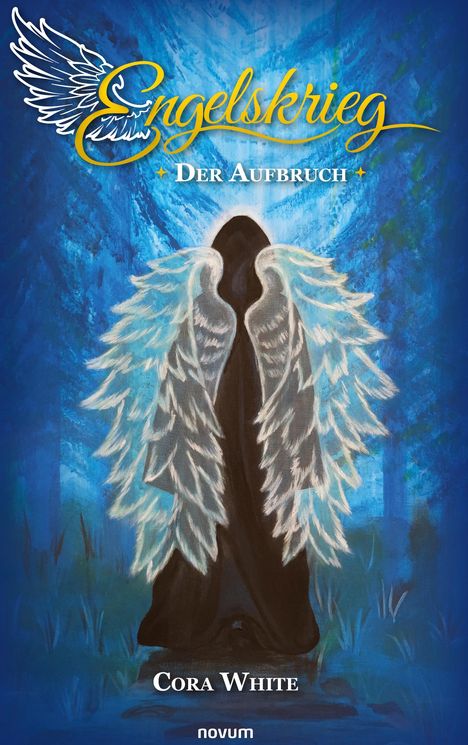 "Engelskrieg: Der Aufbruch" ist in gelber und weißer Schrift. Darunter: eine dunkle Gestalt mit leuchtenden Engelflügeln.