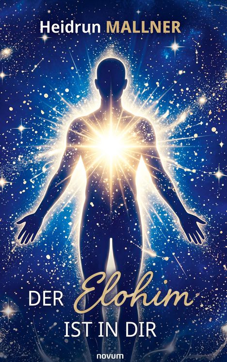 "Heidrun MALLNER, DER Elohim IST IN DIR." Silhouette eines Menschen mit strahlendem Licht aus der Brust.