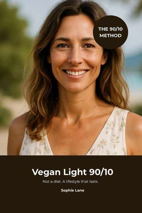 "The 90/10 Method. Vegan Light 90/10. Not a diet. A lifestyle that lasts. Sophie Lane." Frau lächelt draußen, sommerliche Kleidung.