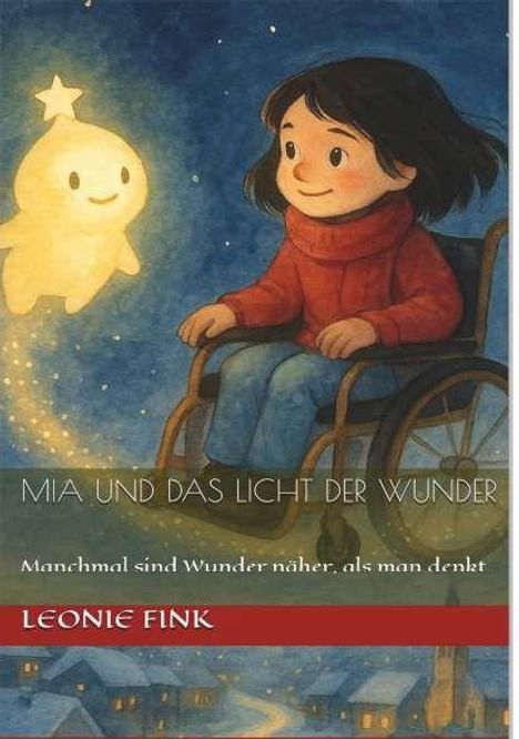 "MIA UND DAS LICHT DER WUNDER. Manchmal sind Wunder näher, als man denkt. Leonie Fink." Illustration eines Mädchens im Rollstuhl mit leuchtendem Wesen.