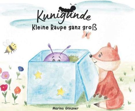 „Kunigunde. Kleine Raupe ganz groß.“ Illustration: Fuchs betrachtet eine Kiste mit einer Raupe darin, unter freiem Himmel.