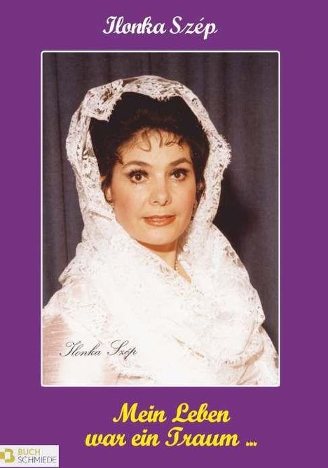 „Mein Leben war ein Traum...“ Ilonka Szép in einem weißen Schal auf violettem Hintergrund. Links unten ein Logo.