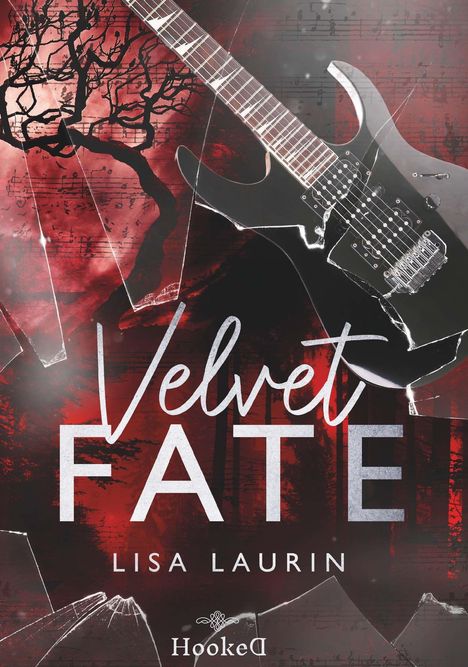 "Velvet Fate" und "Lisa Laurin" stehen zentral. Eine E-Gitarre und ein karger Baum auf rotem Hintergrund mit Noten.