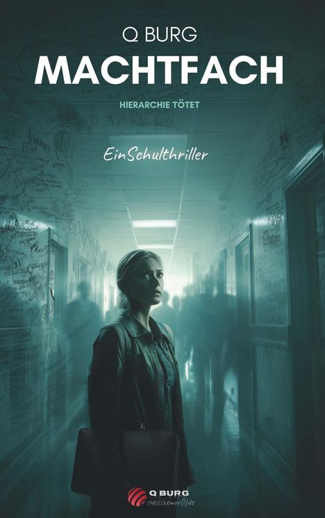 „Q BURG MACHTFACH: HIERARCHIE TÖTET. Ein Schulthriller.“ Eine junge Frau steht gedankenversunken in einem düsteren Flur.