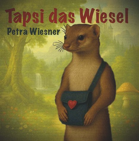 „Tapsi das Wiesel“ und „Petra Wiesner“ auf einem Waldbild mit einem Wiesel. Es trägt eine Tasche mit Herzsymbol.