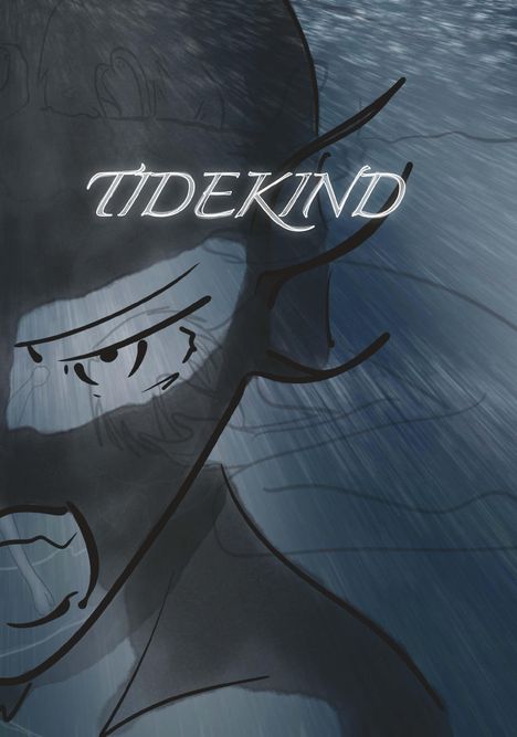 "TIDEKIND" steht in großen Buchstaben über einer düsteren, aquatischen Illustration mit einem finsteren Gesicht.