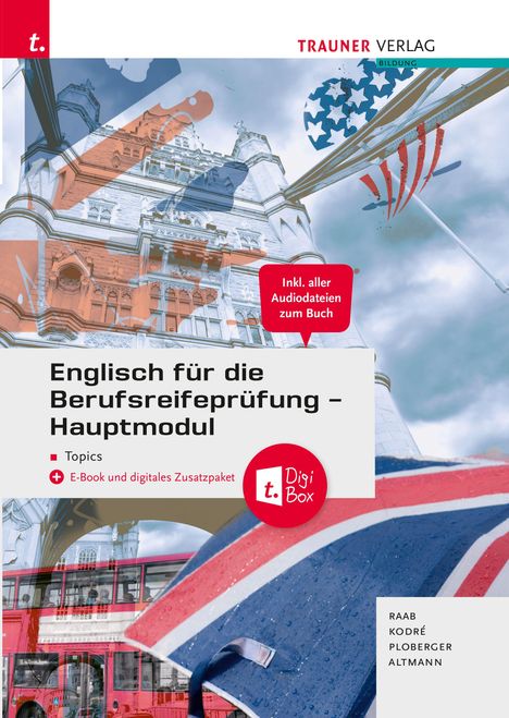 „Englisch für die Berufsreifeprüfung – Hauptmodul“. Abbildung von London mit Big Ben, Union Jack und rotem Bus.