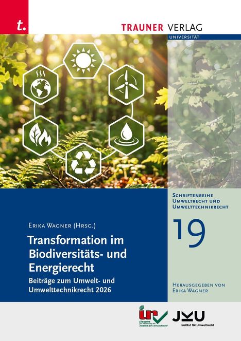 "Transformation im Biodiversitäts- und Energierecht, Beiträge 2026." Waldhintergrund mit Umwelt-Symbolen.