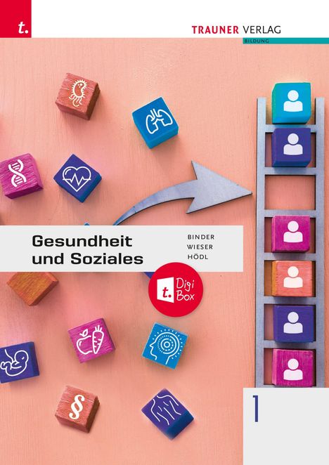 „Gesundheit und Soziales“ und „Digi Box“. Bunte Würfel mit Gesundheitssymbolen, Bild einer Leiter.