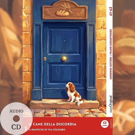 "Il cane della discordia", Illustration: Hund sitzt vor blauer Tür, Brot- und Ähren-Verzierung, herbstliche Blätter.