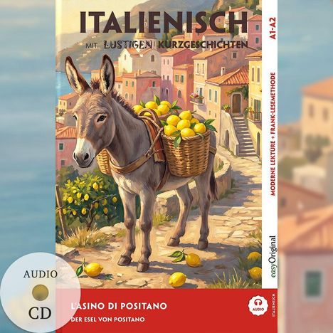 "Italienisch mit lustigen Kurzgeschichten" A1-A2, Cover mit Illustration eines Esels vor mediterranen Häusern und Zitronenkorb.