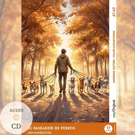 A1-A2, El Paseador de Perros – Der Hundesitter. Illustration: Person geht mit vielen Hunden durch einen herbstlichen Park.