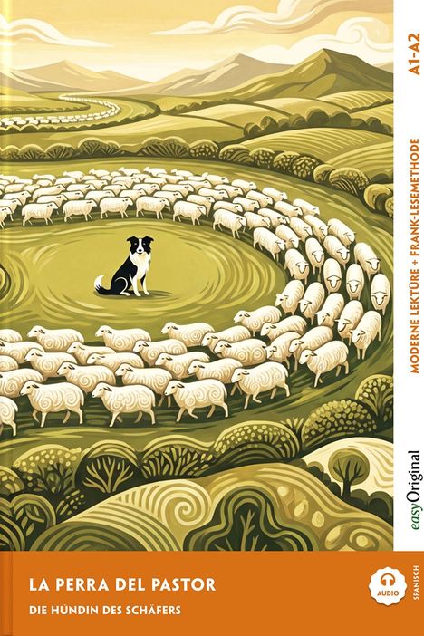 "La Perra del Pastor", "Die Hündin des Schäfers". Illustration: Ein Hund sitzt, umgeben von Schafen in einer Landschaft.