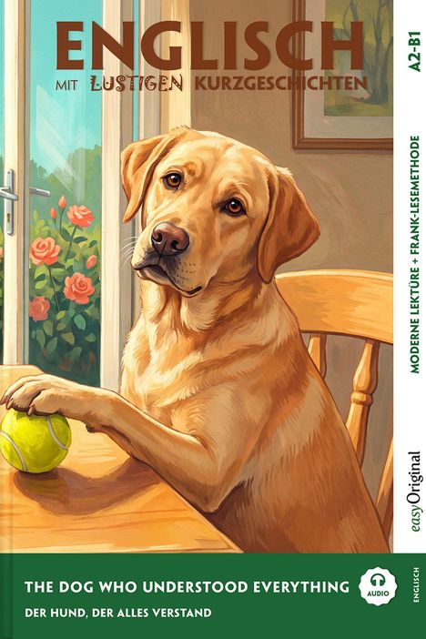 Text: "ENGLISCH mit lustigen Kurzgeschichten." Illustration: Ein Hund sitzt an einem Tisch, eine Pfote auf einem Tennisball.