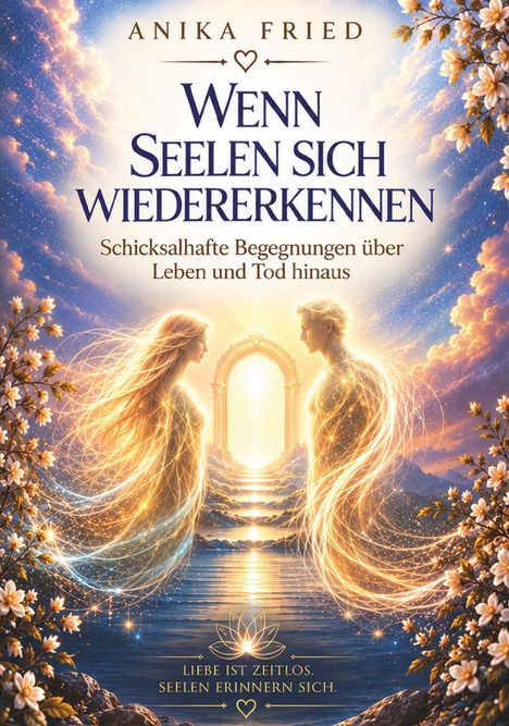 Buchtitel: "Wenn Seelen sich wiedererkennen". Zwei leuchtende Figuren vor einem himmlischen Tor, umgeben von Blumen.