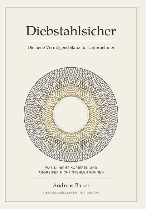 „Diebstahlsicher: Die neue Vermögensbilanz für Unternehmer“ von Andreas Bauer. Kreisförmiges, geometrisches Muster.
