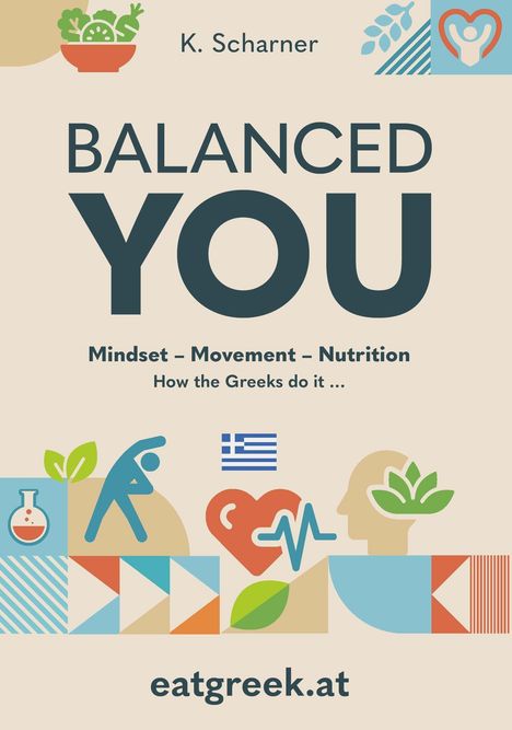Titel: "Balanced You", Themen: Mindset, Bewegung, Ernährung. Grafiken: Salat, Herzsymbol, griechische Flagge. Webseite: eatgreek.at.
