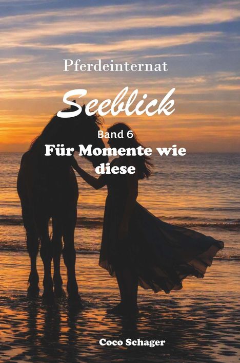 "Pferdeinternat Seeblick, Band 6, Für Momente wie diese, Coco Schager." Silhouette: Frau mit Pferd am Strand bei Sonnenuntergang.