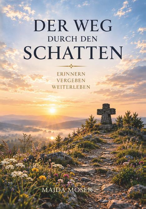 Text: "DER WEG DURCH DEN SCHATTEN. ERINNERN VERGEBEN WEITERLEBEN. MAJDA MOSER." Pfad führt zu einem Steinkreuz im Sonnenuntergang.