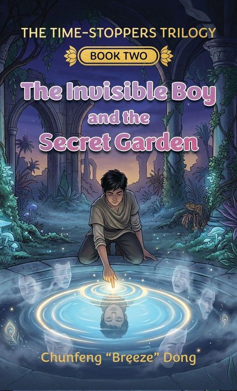 „The Invisible Boy and the Secret Garden“: Ein Junge berührt einen magischen Teich, umgeben von mystischem Garten.