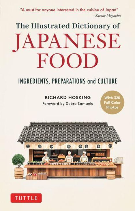 "The Illustrated Dictionary of Japanese Food", Richard Hosking. Illustration eines traditionellen japanischen Marktstands.