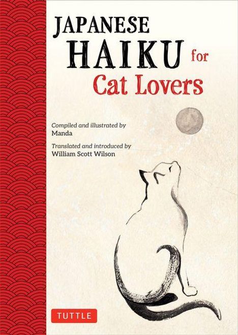 "JAPANESE HAIKU for Cat Lovers" steht neben einer Illustration einer Katze, die einen Ball betrachtet. Links ein rotes Muster.